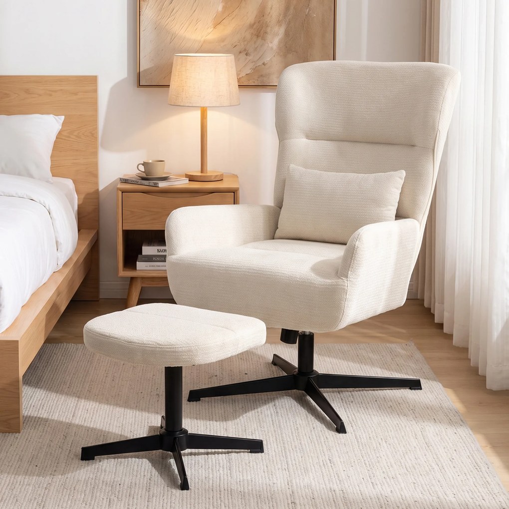 HOMCOM Obrotowy fotel lounge 360° z podnóżkiem, regulacja wysokości, obicie chenille, z poduszką lędźwiową, kremowo-biały | Aosom PL