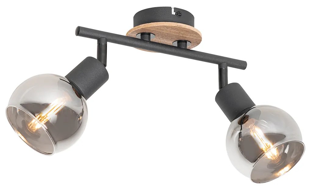 Plafon art deco czarny z przydymionym szkłem i drewnem 2-źródła światła - Vidro