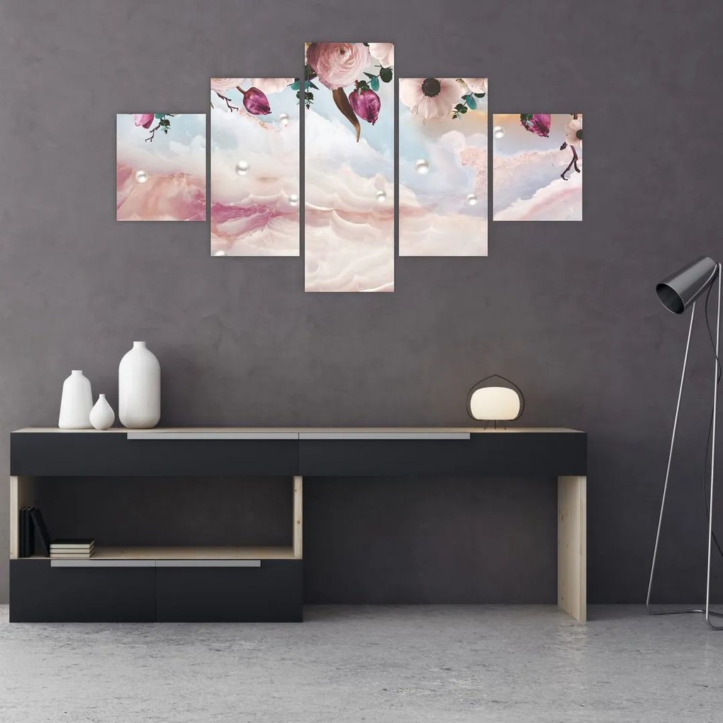 Obraz różowych kwiatów z różowym marmurem (125x70 cm)