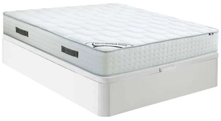 Zestaw 140 x 190 cm stelaż ze skrzynią biały + materac hybrydowy o grub. 25 cm z 7-strefowymi sprężynami kieszeniowymi i pianką z pamięcią kształtu - IONIA marki DREAMEA
