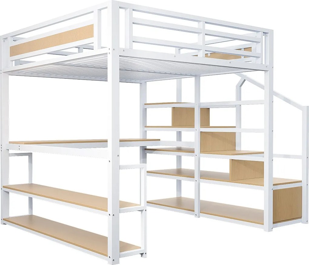Łóżko mezzanine metalowe 140x200 cm - z drabiną do przechowywania i biurkiem - Białe