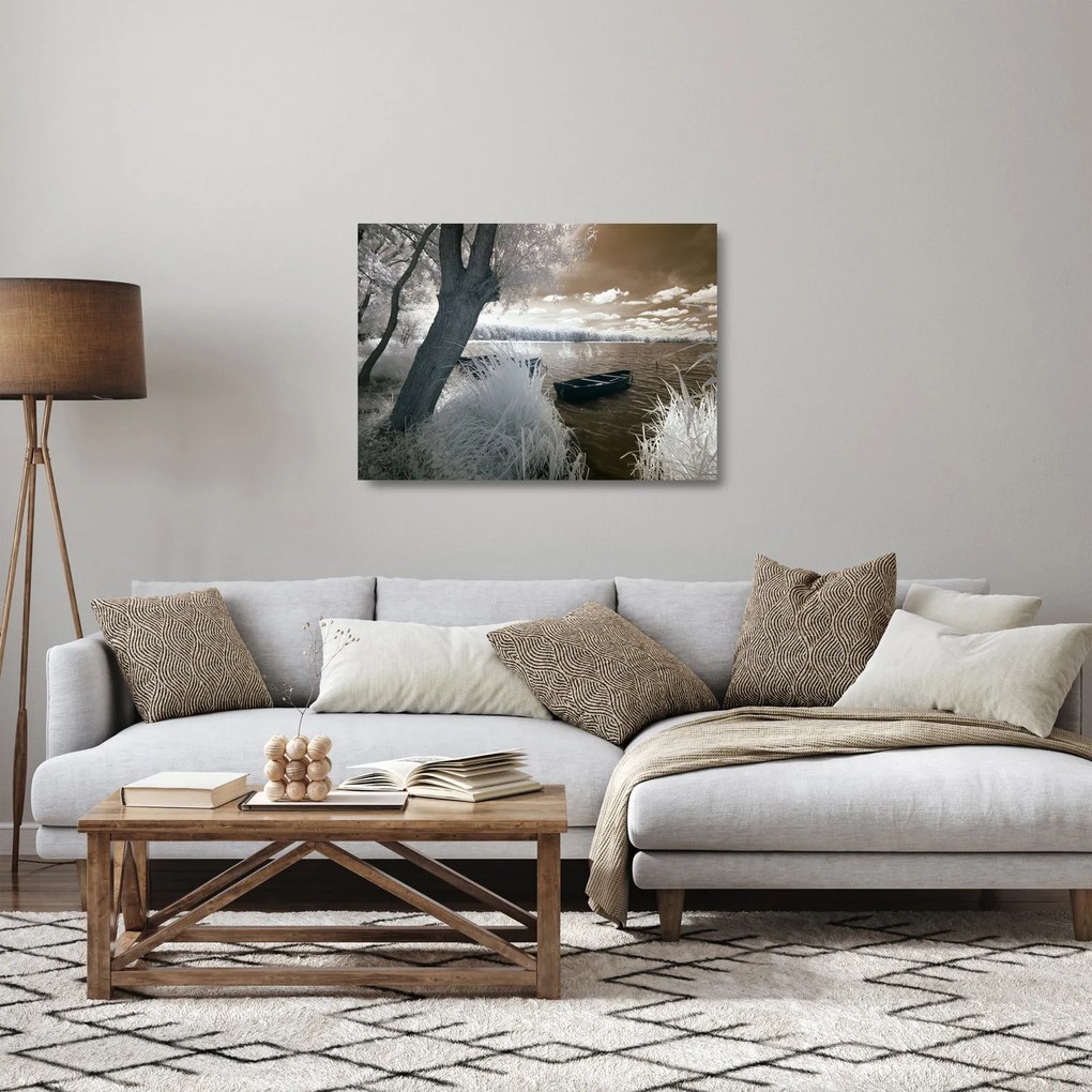 Obraz na szkle łodzi na jeziorze (70x50 cm)
