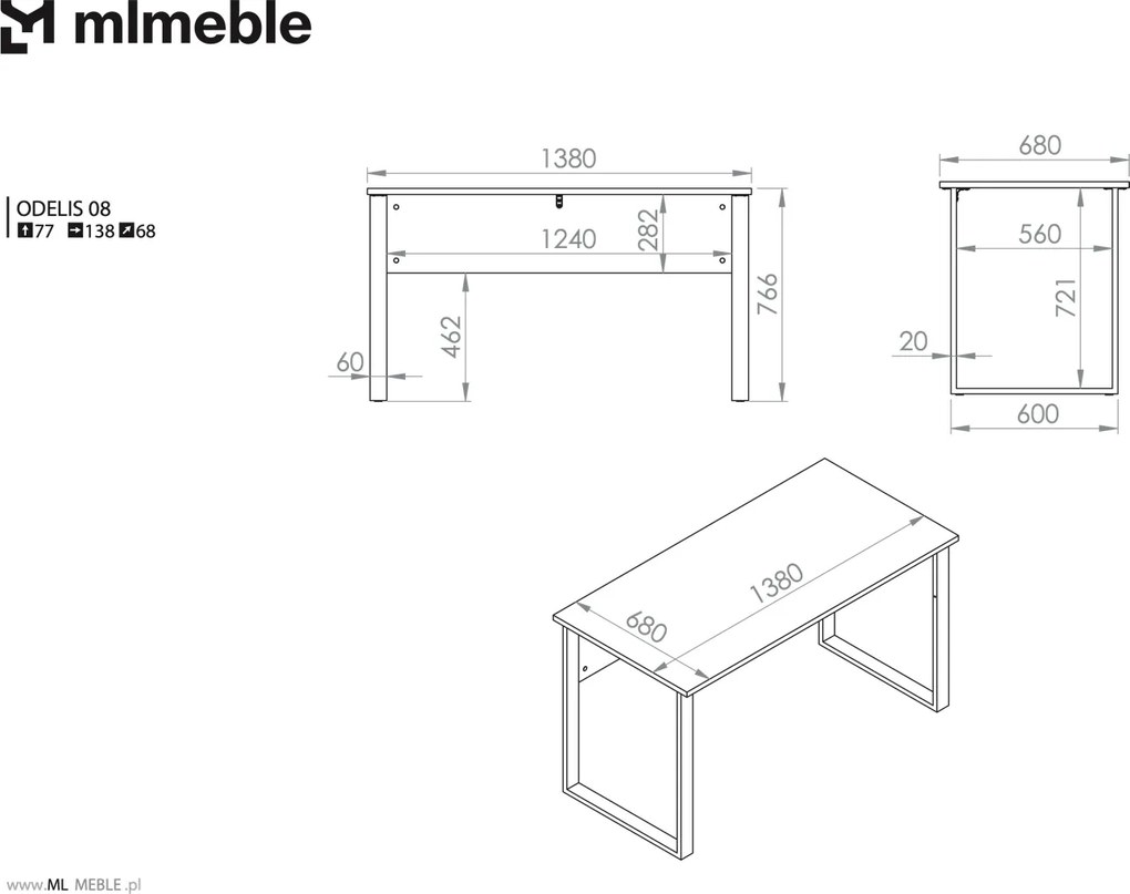 Proste biurko 138 cm Odelis 08 na metalowych nogach