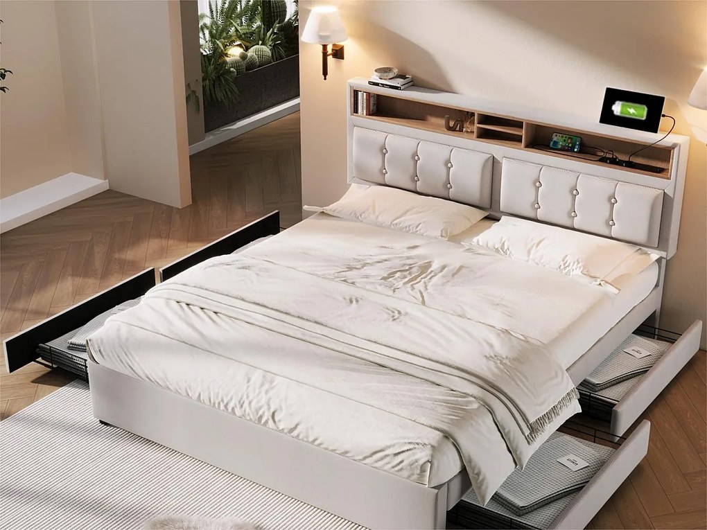 Łóżko z regulowanym wezgłowiem - 140 x 200 cm - 4 szuflady, półki i gniazdo USB C - tkanina lniana - kolor beżowy