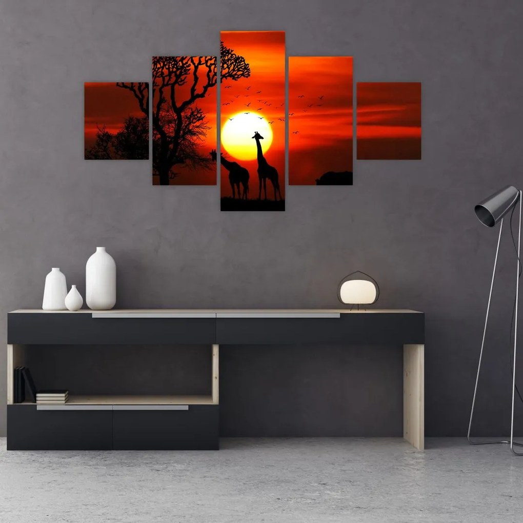 Obraz - Sylwetki zwierząt o zachodzie słońca (125x70 cm)