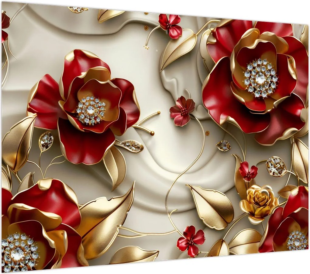 Obraz - 3D czerwono-złote kwiaty (70x50 cm)