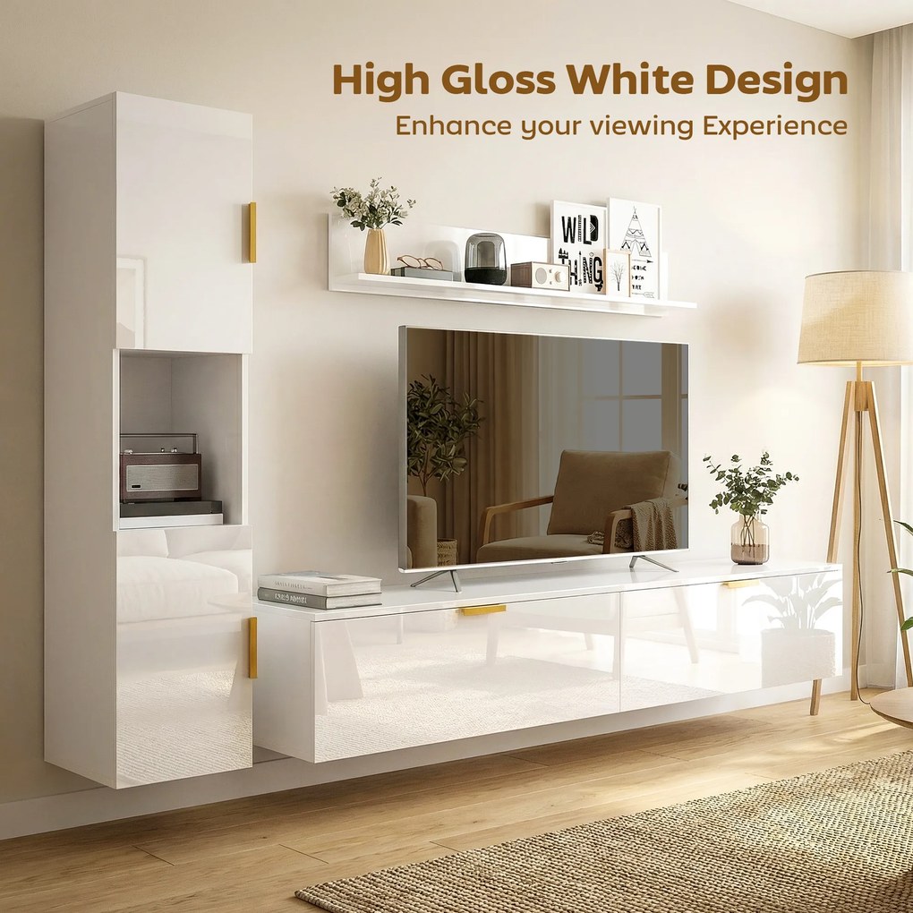 HOMCOM Wiszące RTV z uchylnymi drzwiczkami Centrum rozrywki półka ścienna szafka 180 cm biały wysoki połysk | Aosom PL