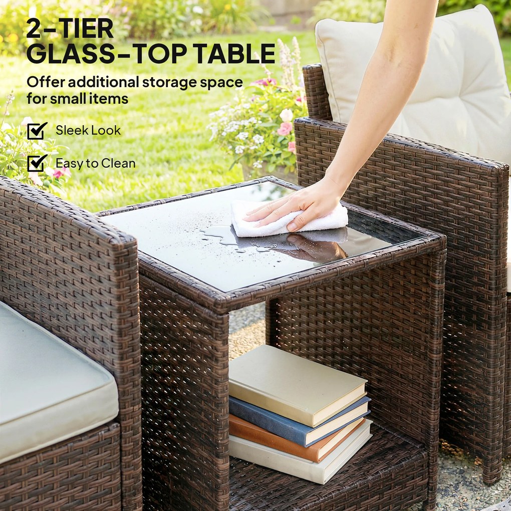 Outsunny Zestaw balkonowy z rattanu, 3-częściowy zestaw mebli ogrodowych z 2 fotelami, stolikiem z dwupoziomowym blatem szklanym, kremowobiały | Aosom PL