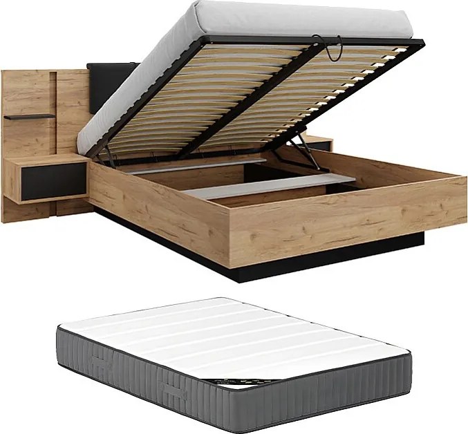 Łóżko ze skrzynią i szafkami nocnymi 140 x 190 cm - Z LED - Kolor: Naturalny i antracyt + Materac - ELYNIA