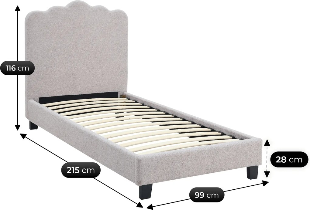 Łóżko Tapicerowane 90x200 cm CRATER ze Stelażem Młodzieżowe Boucle Szare