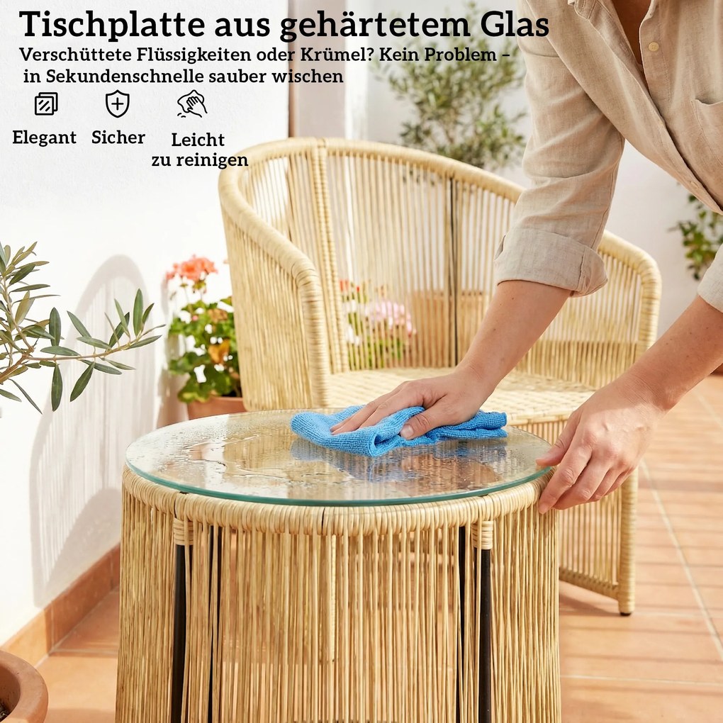 Outsunny Zestaw bistro z rattanu, 3-częściowy zestaw mebli ogrodowych z okrągłym stołem, krzesłami i poduszkami, kremowy | Aosom PL
