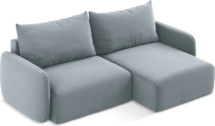 Niebieski aksamitny rozkładany/ze schowkiem narożnik (prawostronny/z szezlongiem) Kalena – Makamii