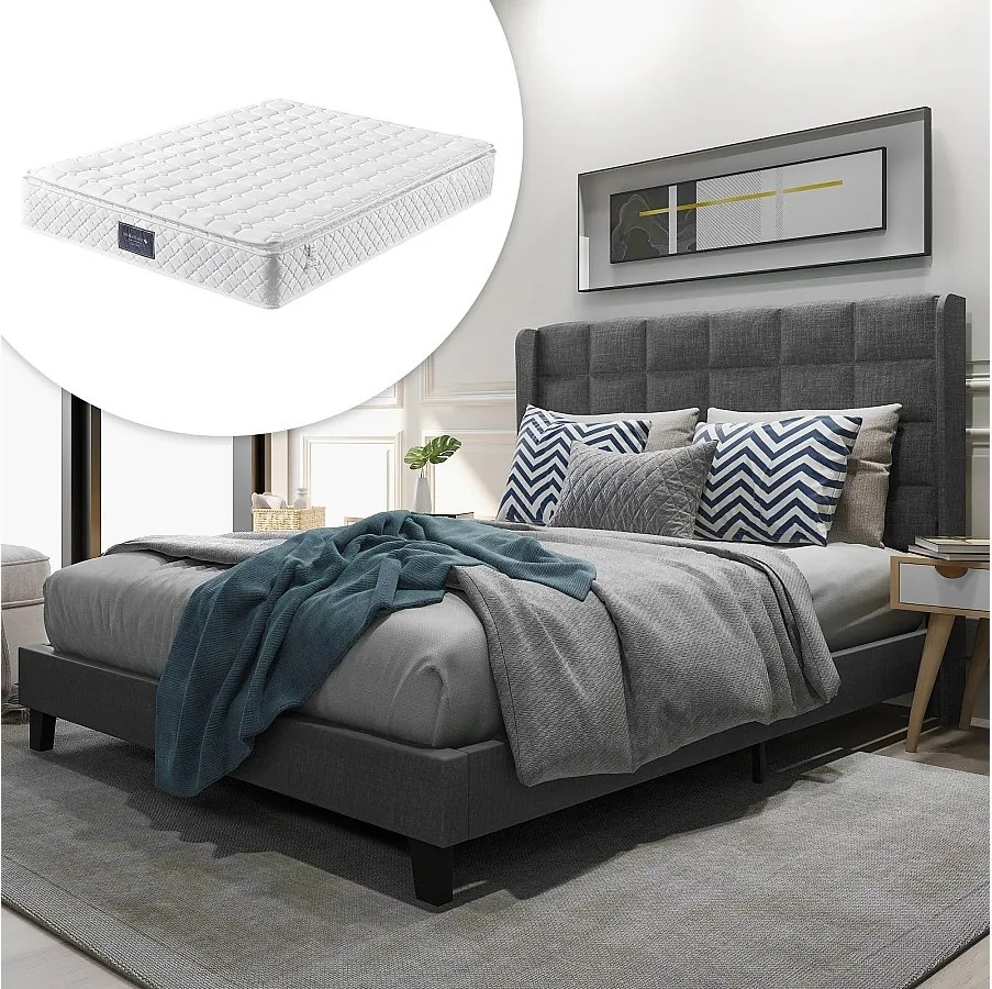 Łóżko tapicerowane z wezgłowiem - 140 x 200 cm - tkanina lniana - box spring + materac - szare