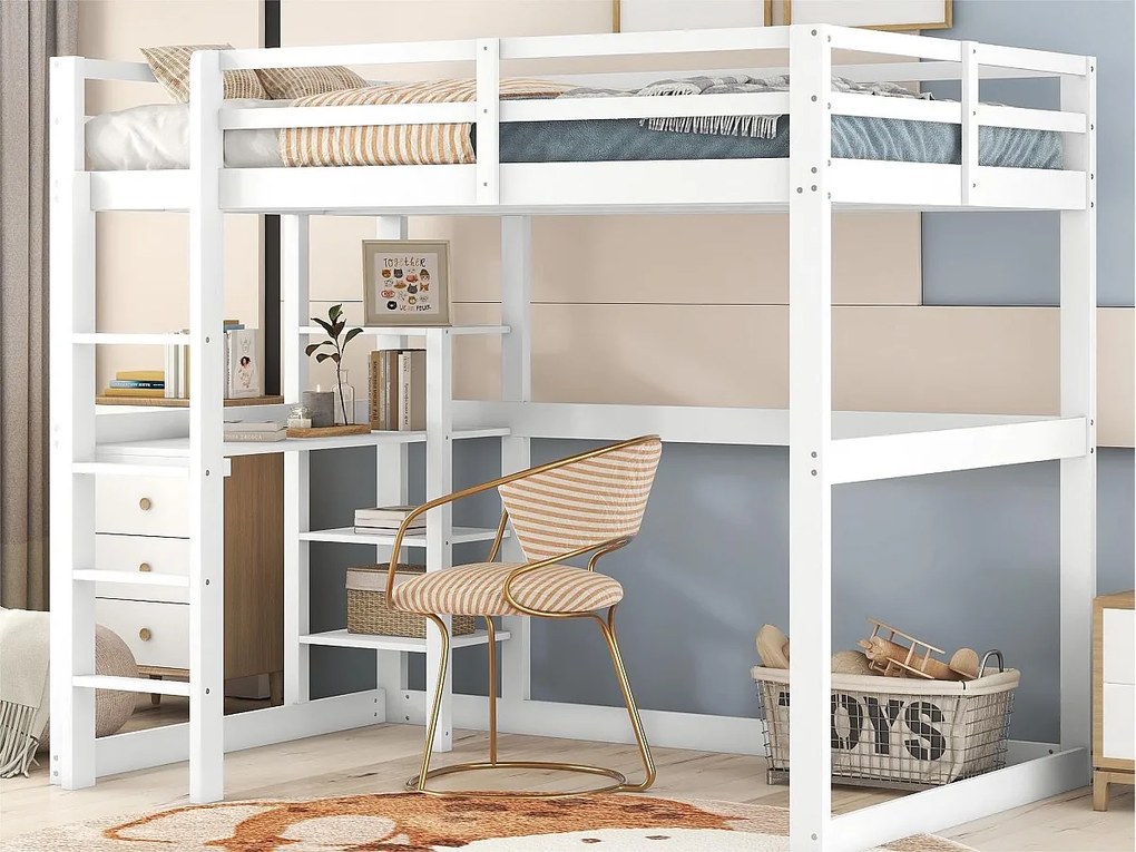 Łóżko mezzanine 140x200cm z litego drewna - z biurkiem i półkami - Białe