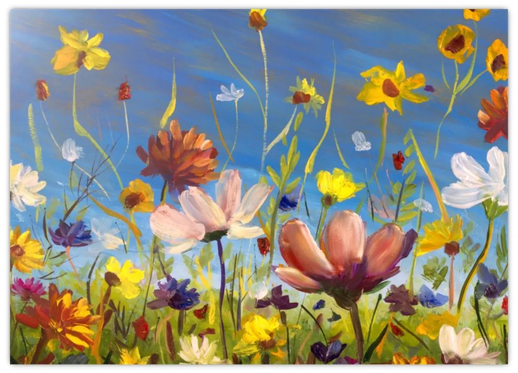 Malowany obraz kwitnącej łąki (70x50 cm)