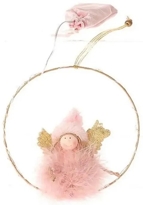 Wiszący LED różowy aniołek FLUFFY, 17 cm