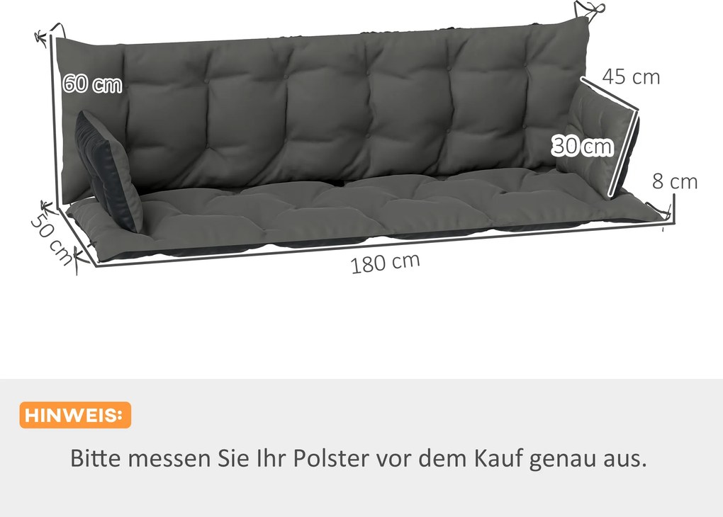 Outsunny Zestaw dwustronnych poduszek do ławki lub huśtawki, Poliester, Piana, 180 x 110 x 8 cm, Ciemnoszary