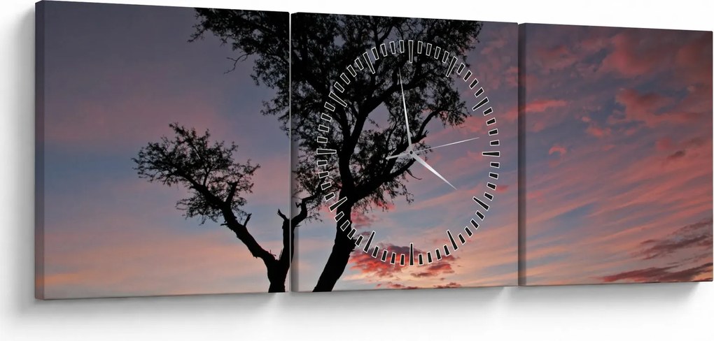 Obraz - Drzewo i czerwonawe odcienie (z zegarem) (90x30 cm)
