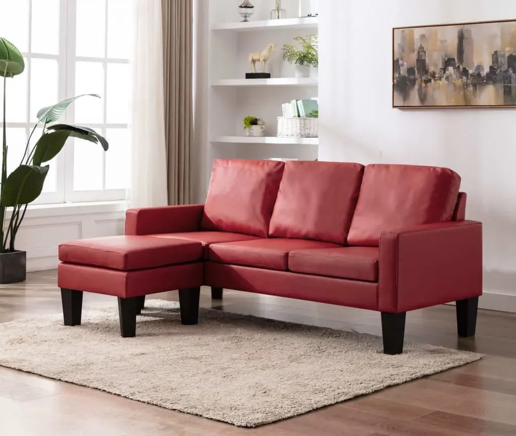 3-osobowa sofa z ekoskóry z podnóżkiem winna czerwień - Lencor 4Q