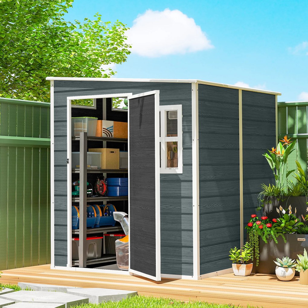 Outsunny Domek ogrodowy 2,89 m² z wyglądem drewna, 3 okna, wentylacja, podłoga, zamek, rękawice, 182 x 182 x 196 cm | Aosom PL