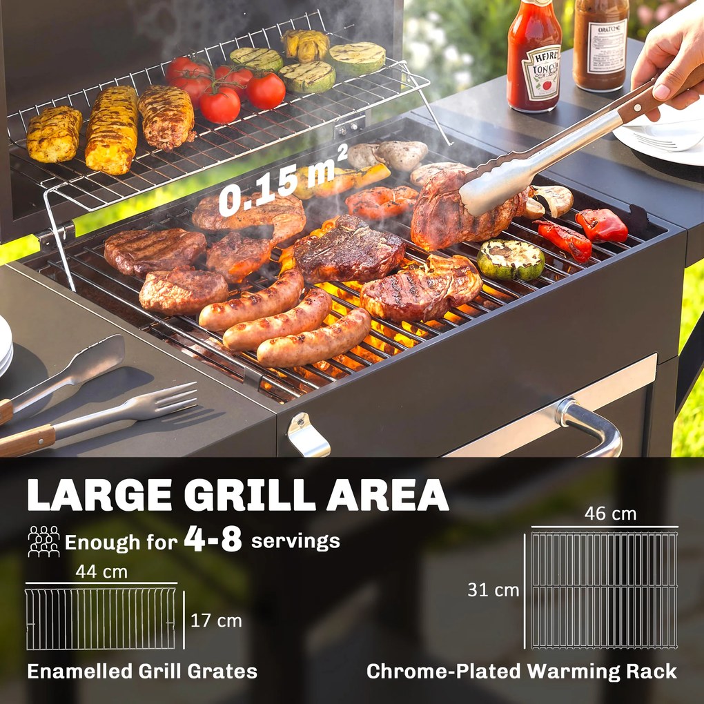Outsunny Grill węglowy z pokrywą, BBQ Smoker z 2 bocznymi stolikami, dużą powierzchnią grillową, rusztem, termometrem i kółkami | Aosom PL