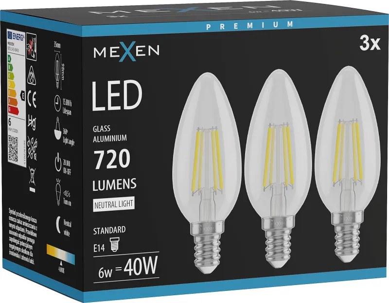 Mexen Vintis 3x żarówka filament LED E14, C35, 6W, Neutralna - 4000K, 720 lm, clear - L154-E14-0640-00x03