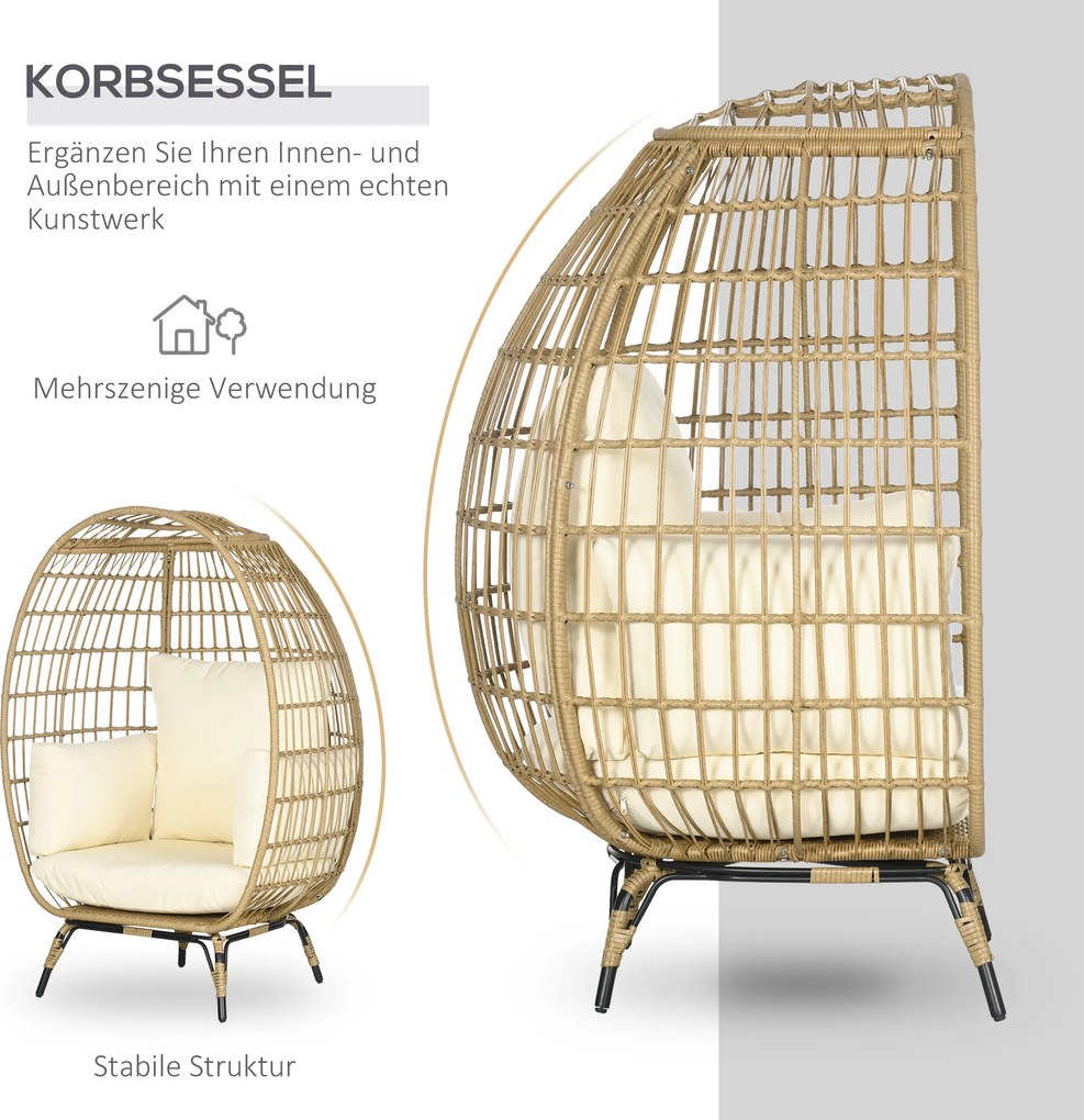 Outsunny Krzesło wiklinowe z efektem rattanu, miękkie poduszki siedziskowe, rama aluminiowa, khaki+beige, 105 x 97 x 150 cm