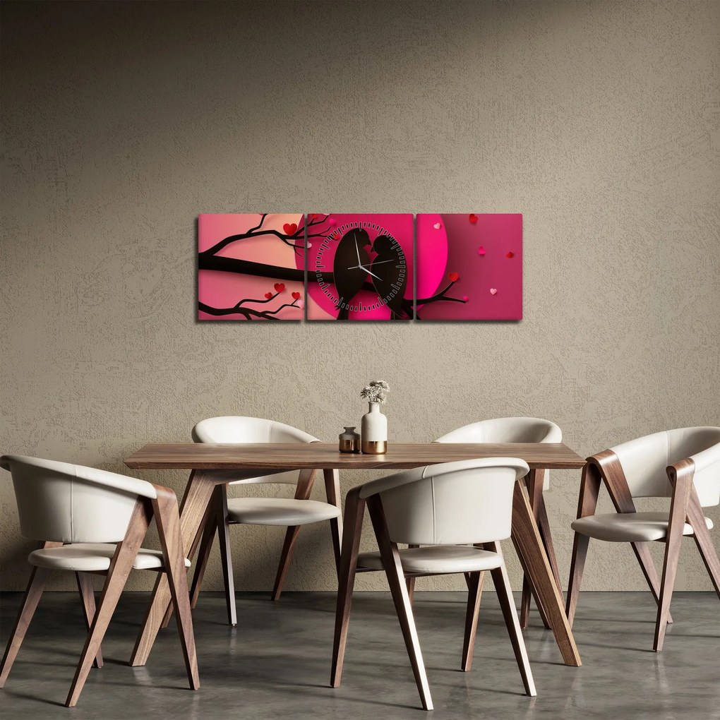 Obraz - Zakochane ptaki (z zegarem) (90x30 cm)