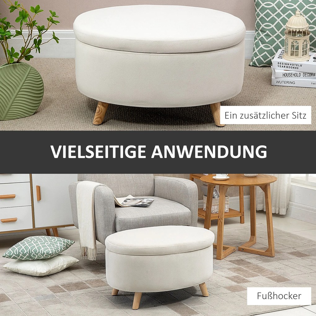 HOMCOM Ławka z miejscem do przechowywania, Hoker, owalny kształt, wygląd aksamitu, do 80 kg, 71 x 51,5 x 42 cm, Beżowy