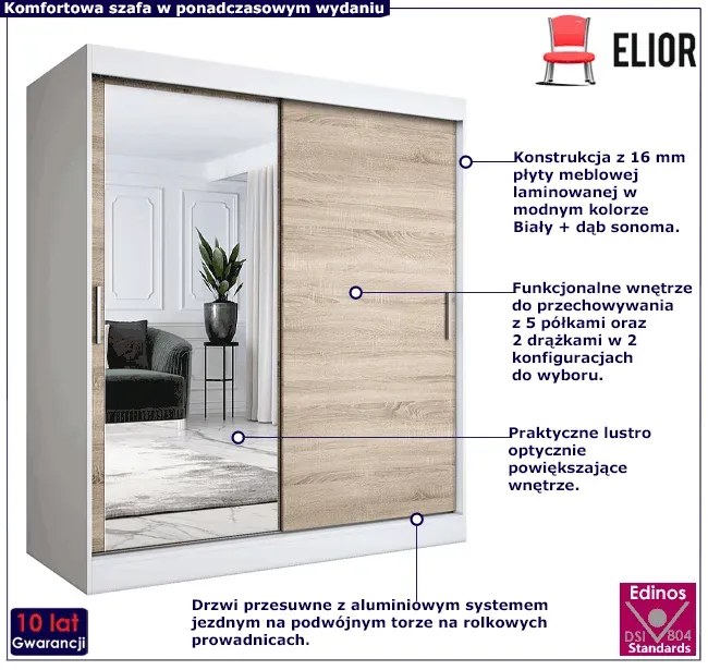 Szafa przesuwna biały + dąb sonoma 180 cm - Seko 5X