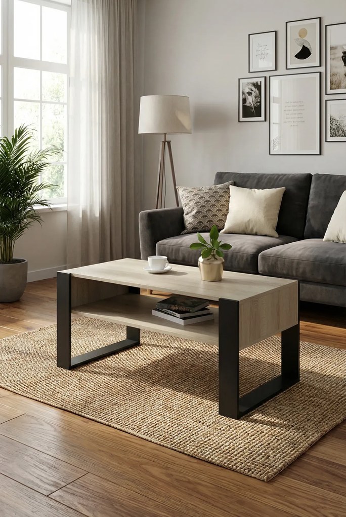 Prostokątny stolik kawowy z półką dąb sonoma + czarny R2-G02