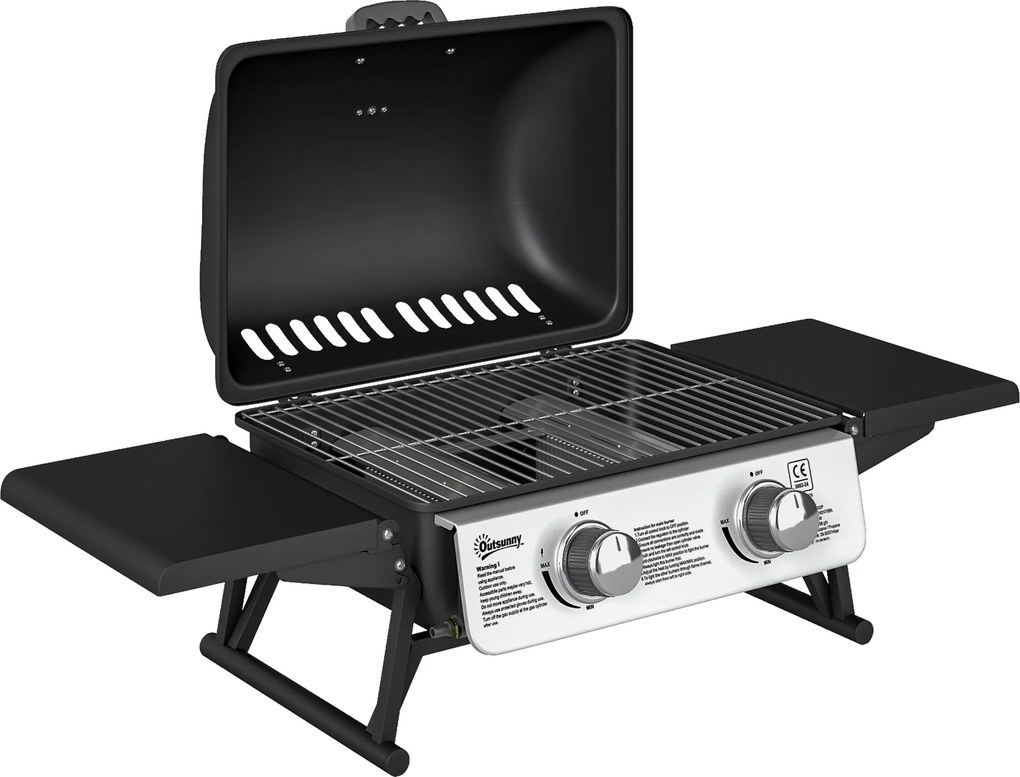 Outsunny Grill Gazowy 5,6 KW z 2 Palnikami Ze Stali Nierdzewnej i Składanymi Bocznymi Stolikami 101 x 48 x 41 cm Czarny