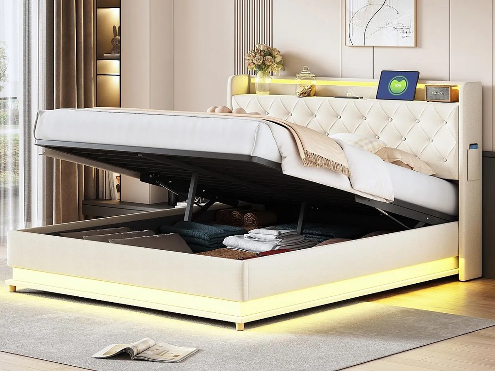 Łóżko z tapicerowanym zagłówkiem z LED 160x200 cm - z portem ładowania USB - z tkaniny lnianej - Beżowe