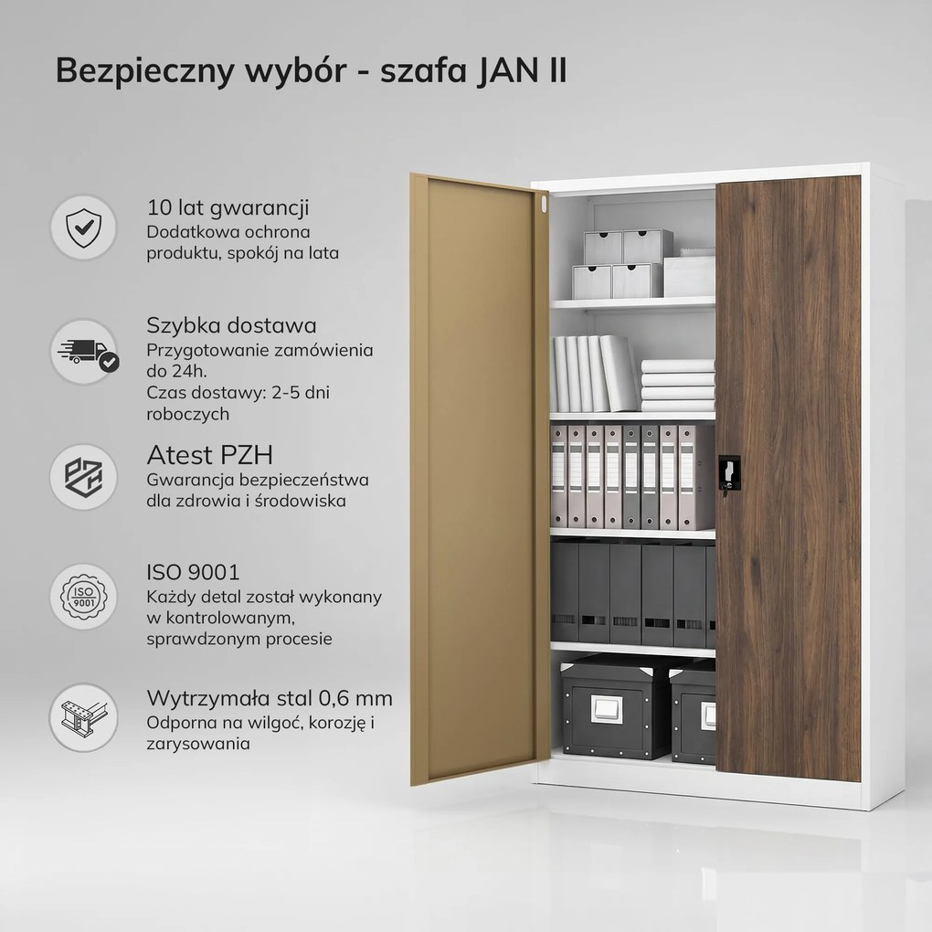 Szafa biurowa metalowa na akta, szeroka, biała/orzech, 1150x1850x400 mm: JAN II Eco Design