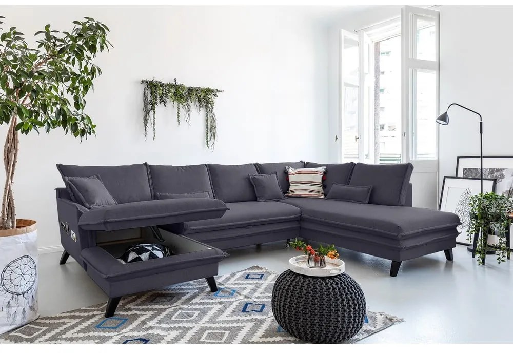 Antracytowa rozkładana sofa w kształcie litery "U" Miuform Charming Charlie, prawostronna