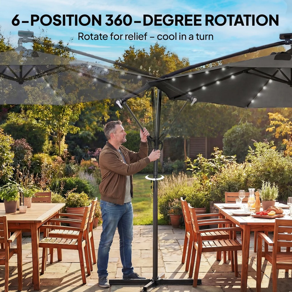 Outsunny Parasol ogrodowy LED Solar Ø300 cm, obrotowy z korbą, stojakiem i pokrowcem, ciemnoszary | Aosom PL