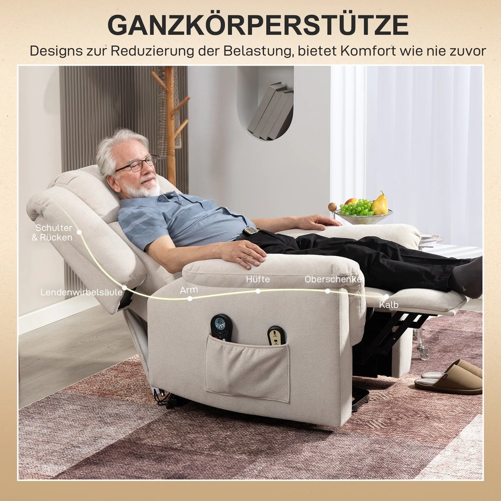 HOMCOM Fotel Powerlift z funkcją masażu i ogrzewania, Fotel wypoczynkowy z podnóżkiem, Boczne kieszenie, Obicie z tkaniny, Beżowy