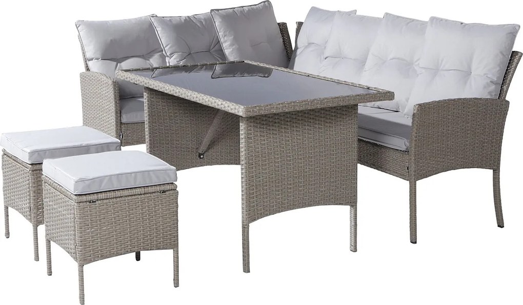 Zestaw mebli ogrodowych modułowych 7-osobowych z rattanu PE: 1 narożnik 5-osobowy + 2 fotele + 1 stół prostokątny - Khaki