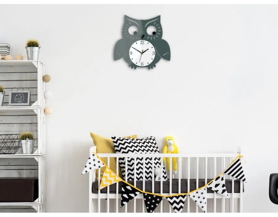 Zegar ścienny akrylowy do pokoju dziecięcego sowa szary cichy mechanizm