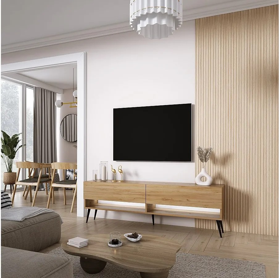 Szafka pod telewizor 170 cm Dąb Craft, nóżki pochyłe czarne, LED biały, 170 × 32 × 52 cm