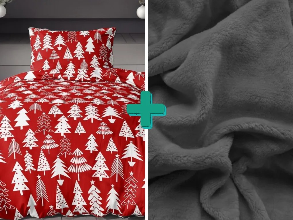 PrzytulneMieszkanie.pl PrzytulneMieszkanie.pl PrzytulneMieszkanie.pl Pościel flanelowa CHRISTMAS TREES czerwona + prześcieradło z mikropluszu SOFT 90x200 cm ciemnoszare