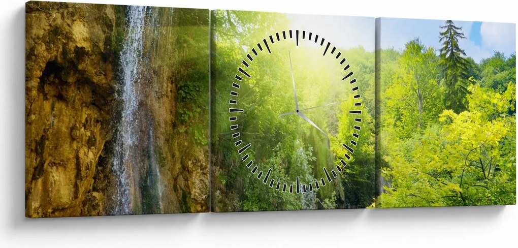 Obraz - wodospady w pralesie (z zegarem) (90x30 cm)