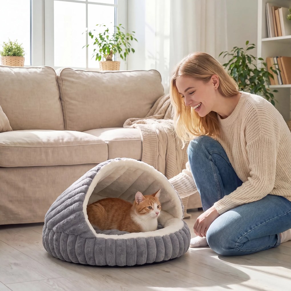 PawHut Legowisko dla kota pluszowa jaskinia z odpinaną poduszką, antypoślizgowy spód, kosz dla kota z możliwością prania, dla kotów do 5 kg, szary | Aosom PL