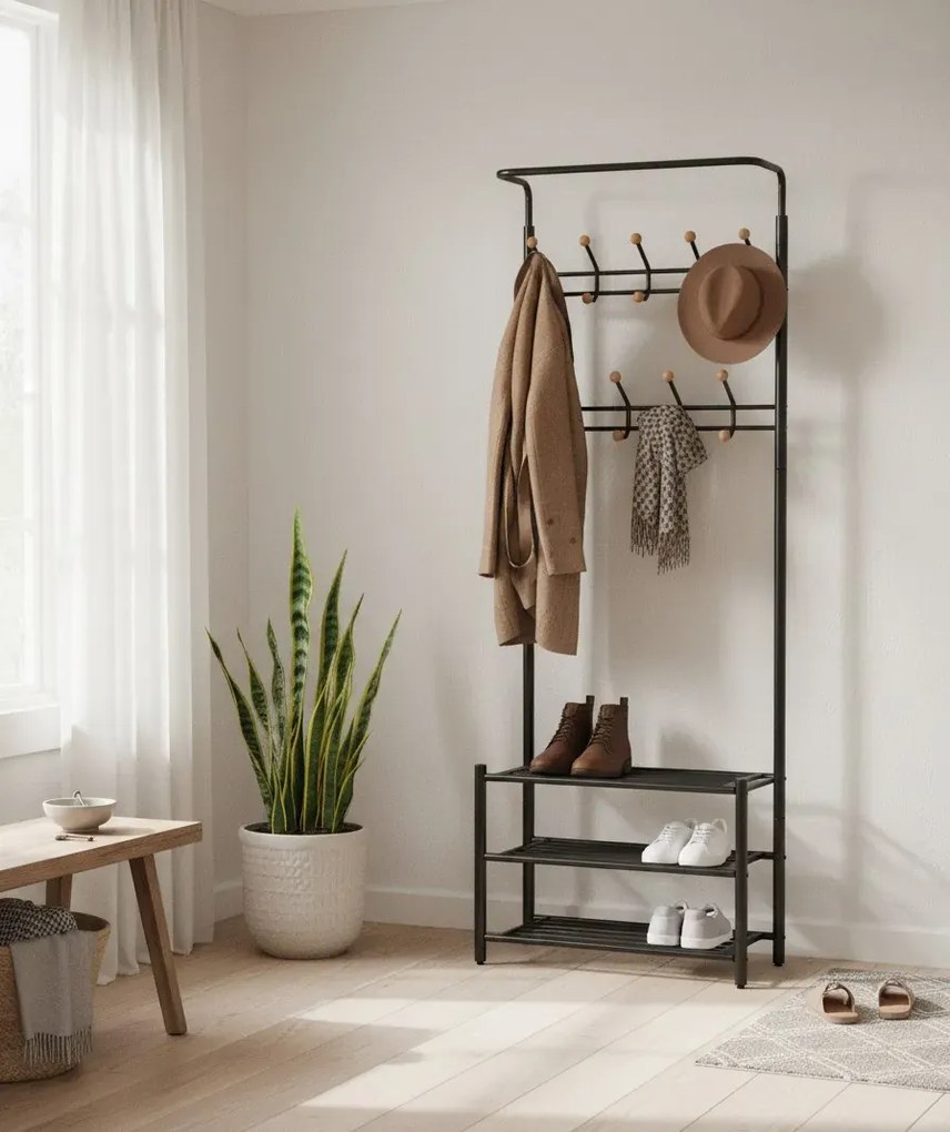 Czarny stojak na ubrania z półkami na buty C2-H46