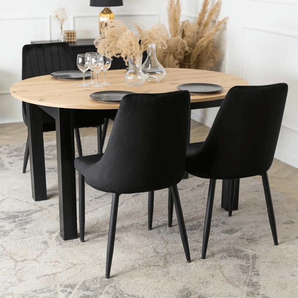 Zestaw Stół Okrągły Rozkładany HARRY 102-142 cm Dąb Artisan/Czarny i 4 Krzesła Tapicerowane BARI Czarne Nowoczesne