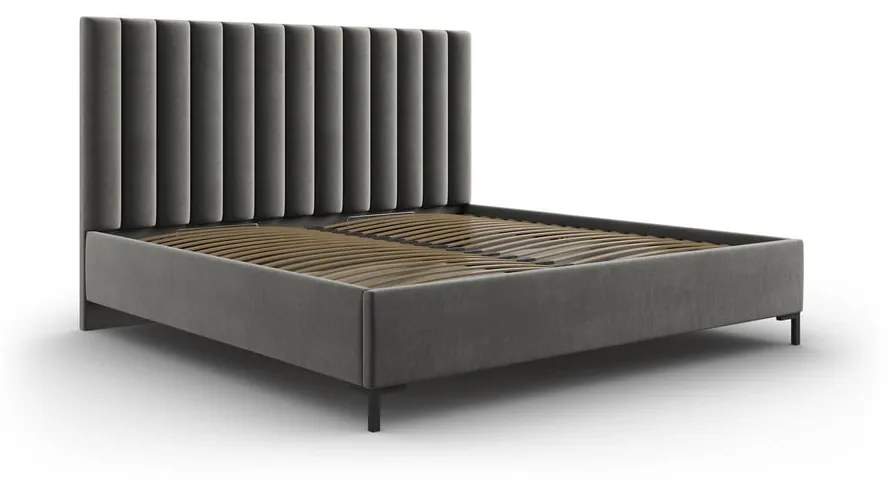 Szare tapicerowane łóżko dwuosobowe ze schowkiem i stelażem 200x200 cm Casey – Mazzini Beds