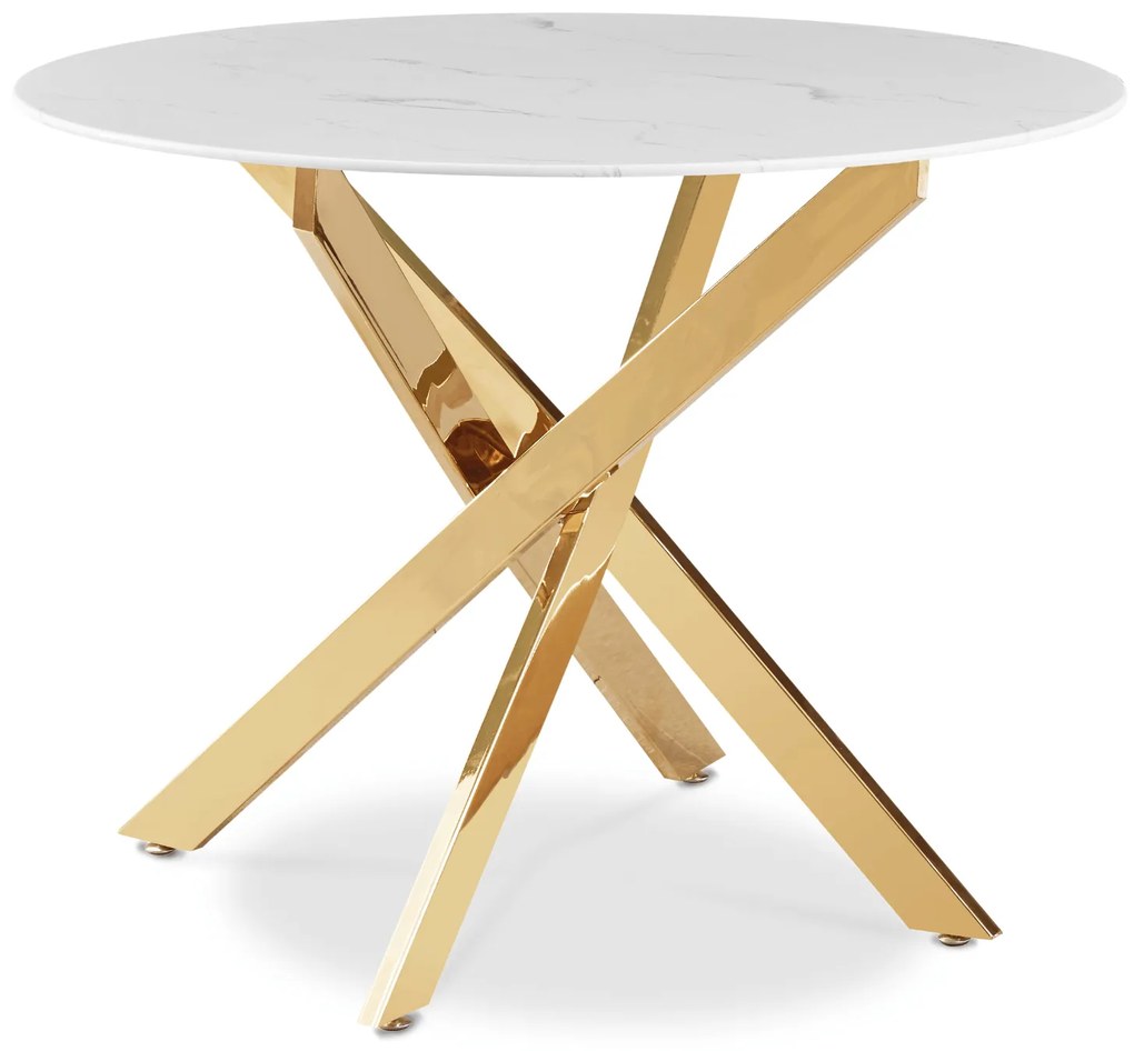 Stół Okrągły Szklany BALI 100 cm Biały Marmur/Złoty Glamour