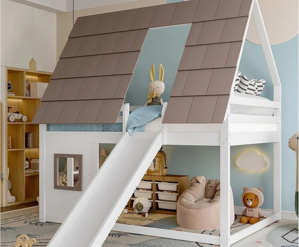 Łóżko piętrowe dla dzieci 140x200 cm - z dachem - drabinka i zjeżdżalnia - białe i brązowe (bez materaca)