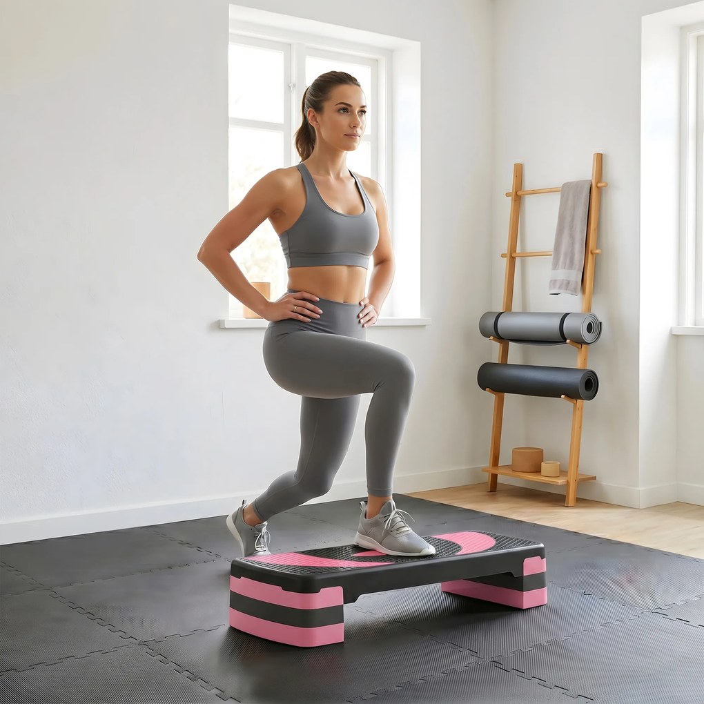 HOMCOM Stepper Aerobiczny, Regulowany, 80 x 31 x 10/15/20 cm, do 150 kg, Czarny/Różowy/Szary