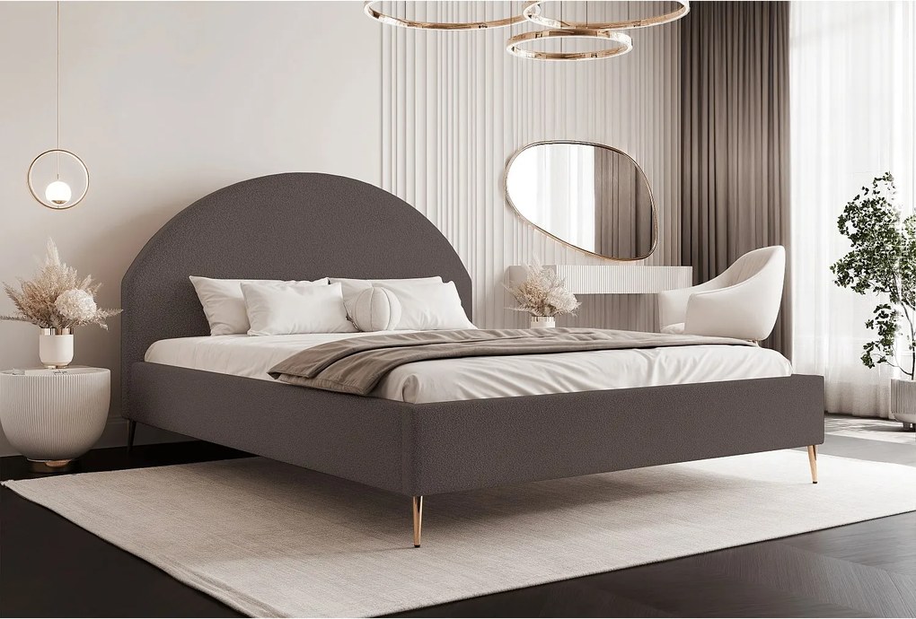 BESILIO Łóżko tapicerowane Boucle 180x200 Velora II - stelaż listwowy, wezgłowie, pojemnik, łóżko slim, wysokie złote nogi - Brązowy